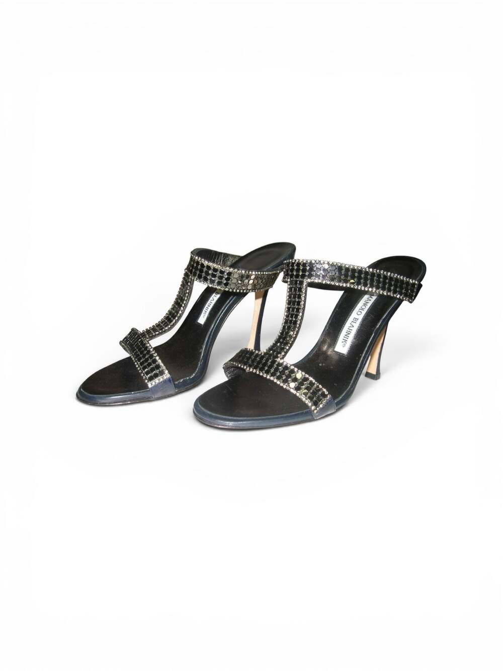 Manolo Blahnik Black Satin and Gunmetal with Crystal Trim